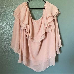 Roamans Plus Size Tunic Top 20W Ruffled Tiered Lined 3/4 Sleeve Off Shoulder